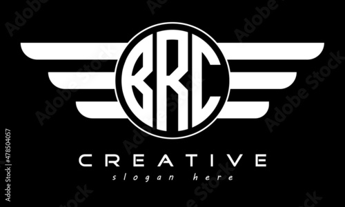 BRC three letter monogram type circle letter logo with wings vector template.