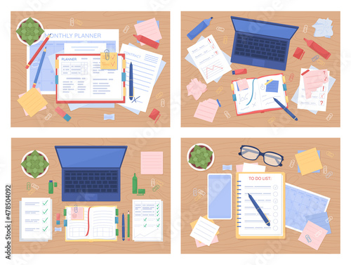 Study tablespace flat color vector illustration set. Planning events. Laptop with notebooks. Textbooks with checklists. Top view 2D cartoon illustration with desktop on background collection