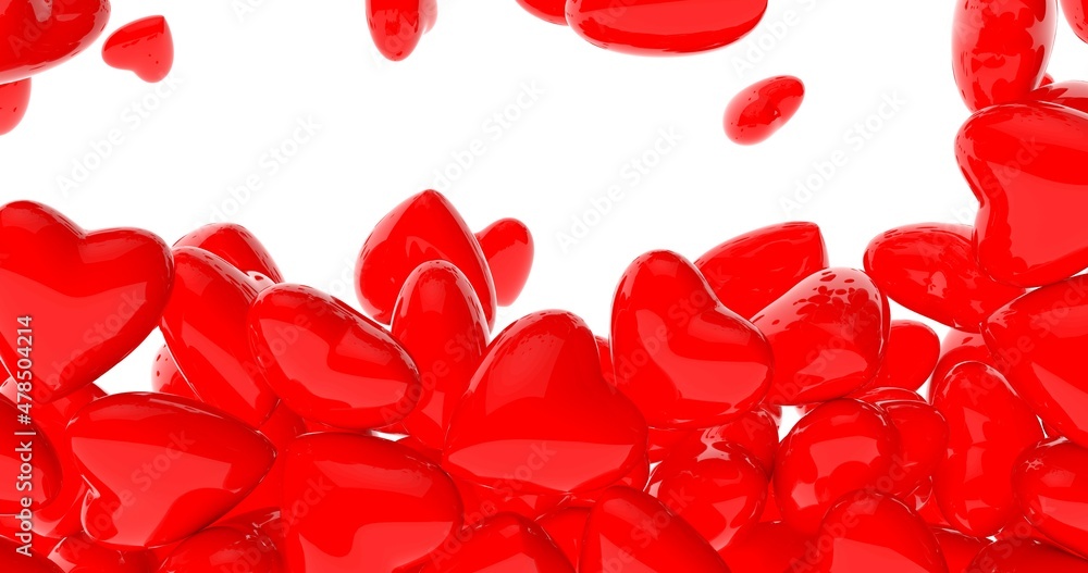 half full screen of Glossy oblique hearts of the shape . Concept for Valentine's Day. High image quality with bright light and reflections. Realistic 3D rendering