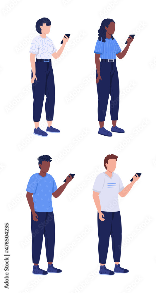 Obraz premium Smartphone addiction semi flat color vector characters set. Full body people on white. Using mobile phones isolated modern cartoon style illustrations collection for graphic design and animation