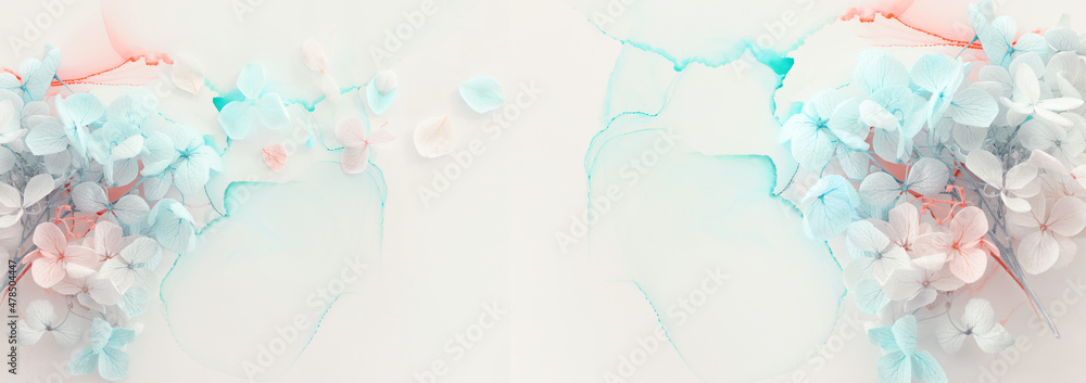 Creative image of pastel blue and pink Hydrangea flowers on artistic ink background. Top view with copy space - obrazy, fototapety, plakaty 