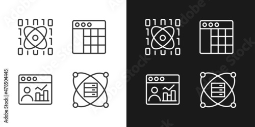 Science data mining linear pixel perfect icons set for dark and light mode. Tools for virtual researching. Engineering system. Customizable thin line symbols. Isolated vector outline illustrations