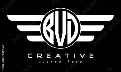 BVD three letter monogram type circle letter logo with wings vector template. photo