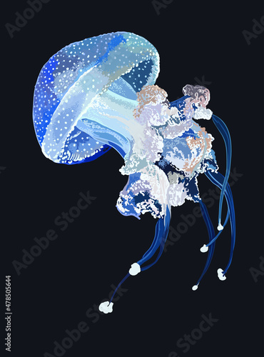 Mushroom jellyfish pictures, poisonous tentakel, art.illustration, vector