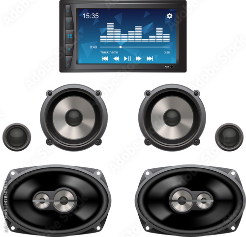 Car audio components, loud speakers and audio player on a plain background