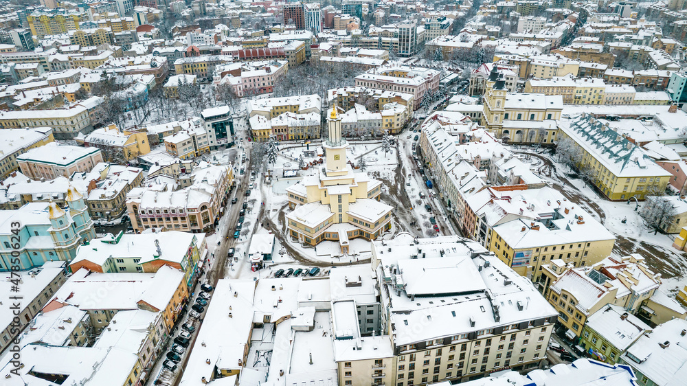 Top view of Ivano-Frankivsk in winter at Christmas time