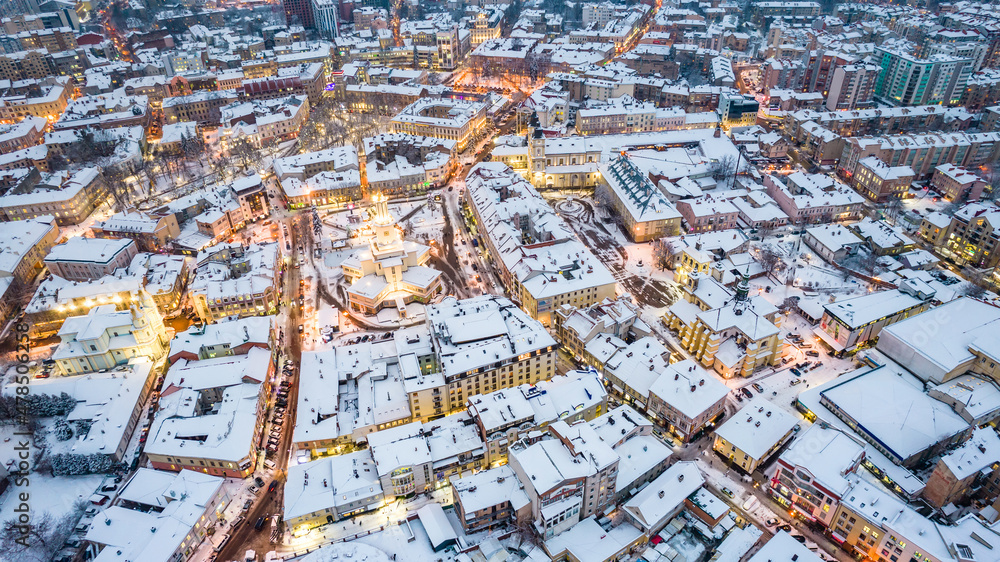 Fototapeta premium Top view of Ivano-Frankivsk in winter at Christmas time
