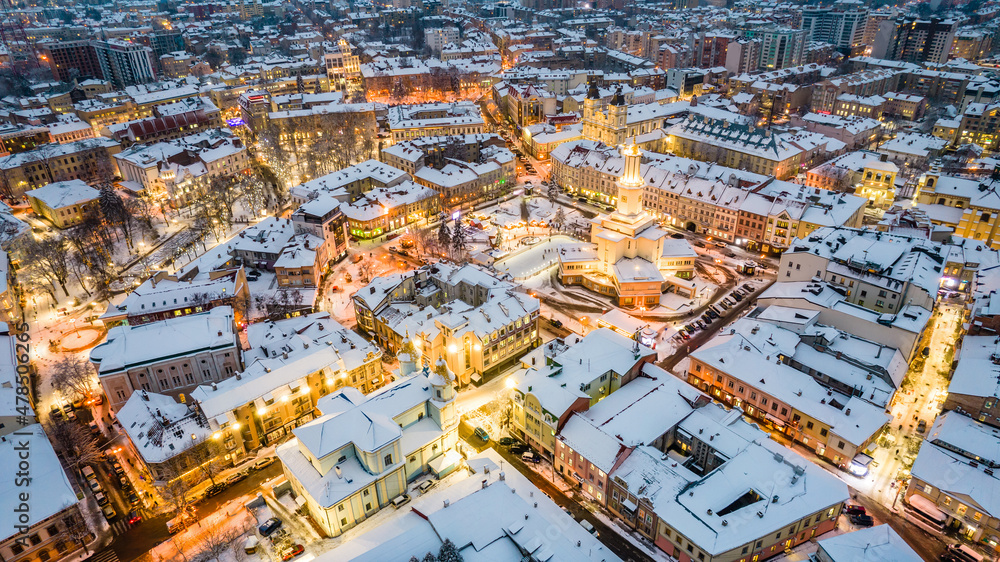 Top view of Ivano-Frankivsk in winter at Christmas time