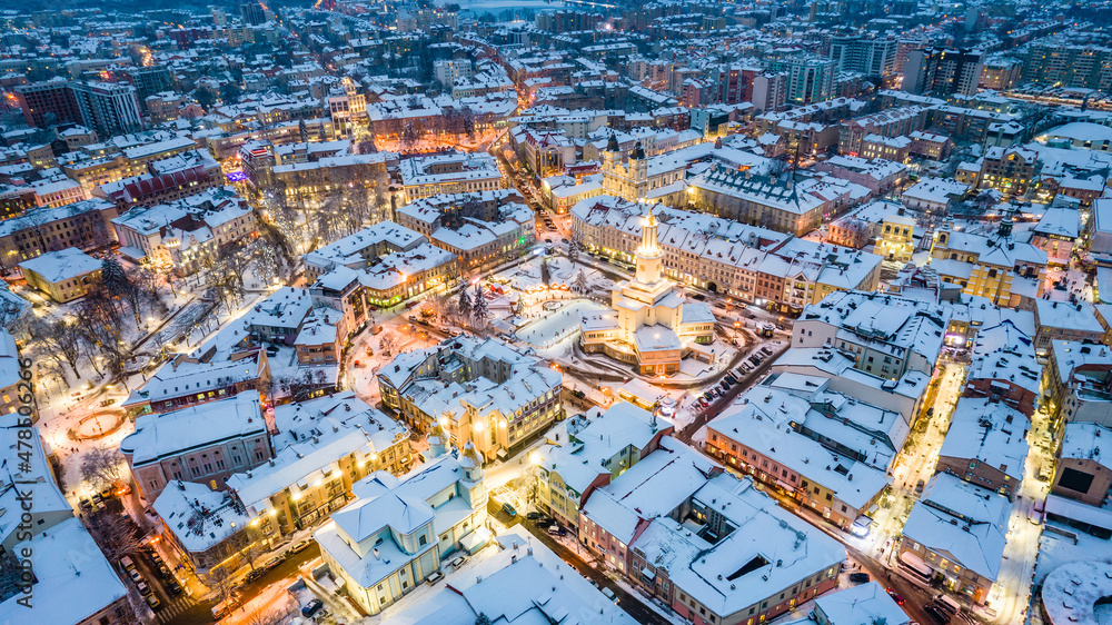 Obraz premium Top view of Ivano-Frankivsk in winter at Christmas time