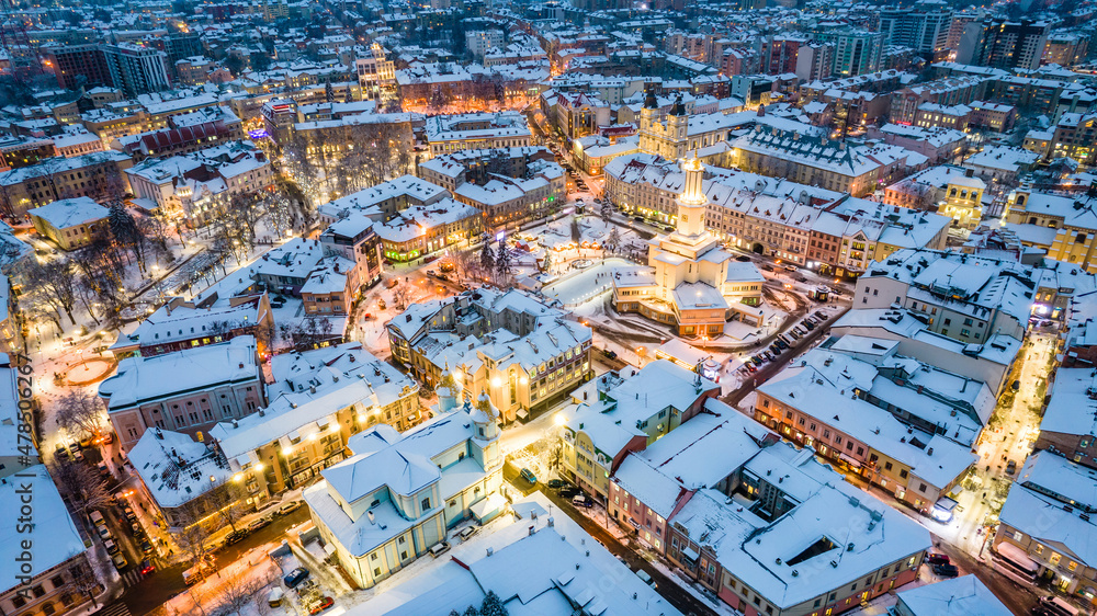 Top view of Ivano-Frankivsk in winter at Christmas time