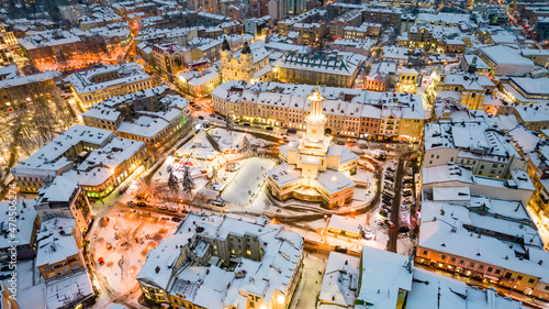 Top view of Ivano-Frankivsk in winter at Christmas time