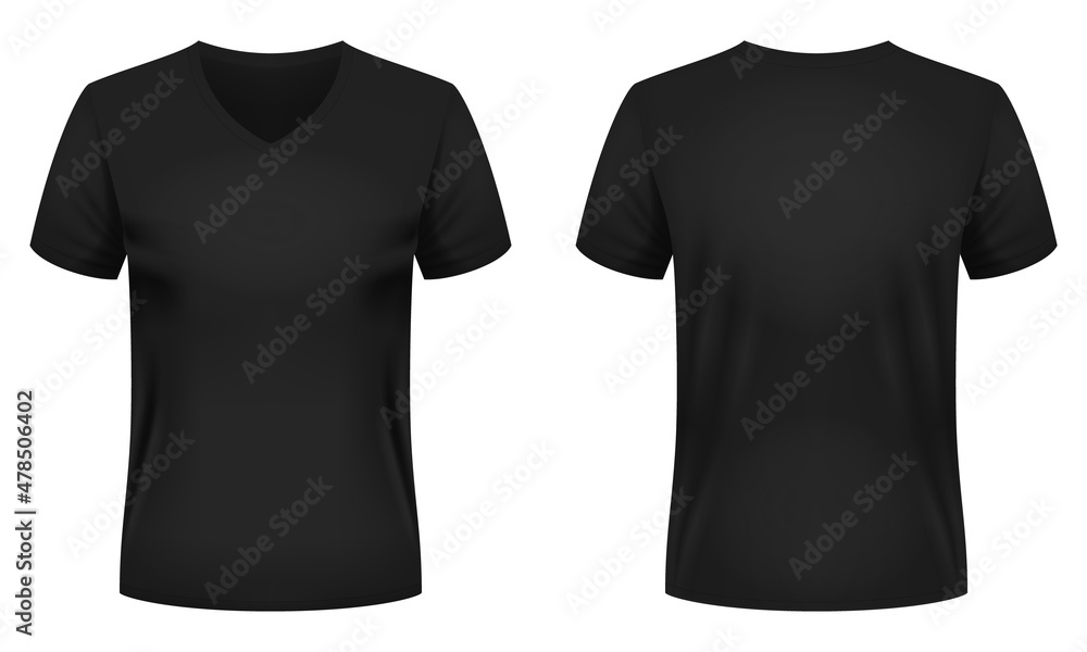 Blank black V-neck t-shirt template. Front and back views. Vector ...