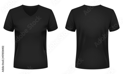 Blank black V-neck t-shirt template. Front and back views. Vector illustration.