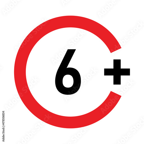 6 plus sign. Six. Age restrictions, censorship and parental control. Icon for content, movies, food and toys.