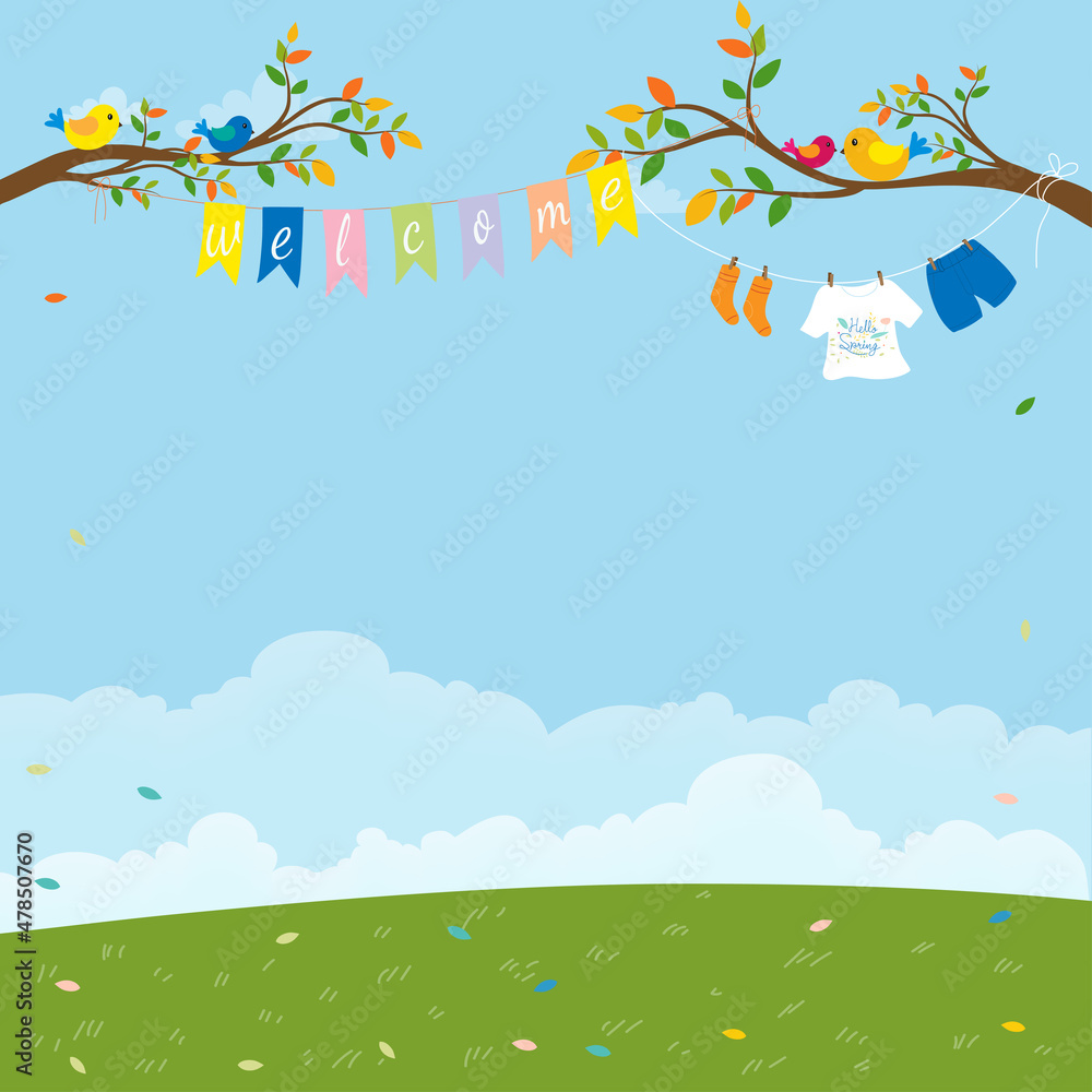 Hello Spring landscape with welcome flags, kid clothes hanging on the branches tree on blue sky background,Vector Banner backdrop of green grass field in Sunny day Summer, Easter holiday concept