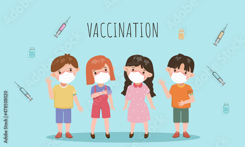 Children kids wearing a face mask to get safety vaccine to protection from coronavirus covid-19.