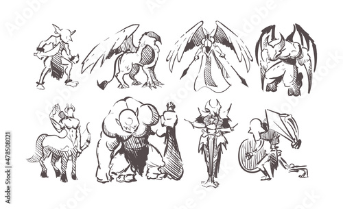 Obraz na płótnie Characters of online fantasy games: goblin,griffin,angel,archangel,demon,skeleto