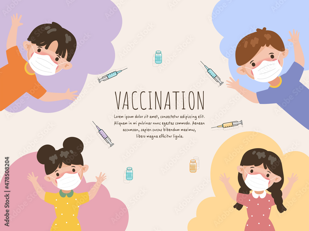 Children kids wearing a face mask to get safety vaccine to protection from coronavirus covid-19. Children kids wearing a face mask to get safety vaccine to protection from coronavirus covid-19.
