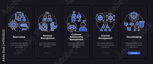 Modules of management night mode onboarding mobile app screen. Property walkthrough 5 steps graphic instructions pages with linear concepts. UI, UX, GUI template. Myriad Pro-Bold, Regular fonts used