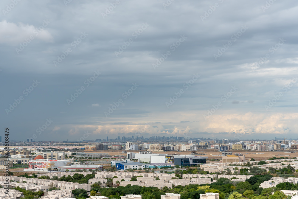 Dubai, United Arab Emirates – January 01, 2022, The Dubai skyline view for top of the building from Dubai Silicon Oasis (DSO) at rainy day
