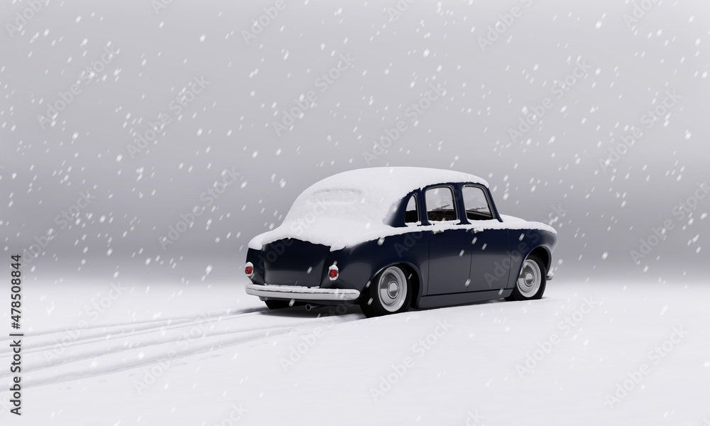 Car in snow. Abstract model, available for commercial use, stylized, toy looking, retro style. 3d render.