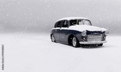 Car in snow. Abstract model, available for commercial use, stylized, toy looking, retro style. 3d render.