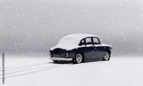 Car in snow. Abstract model, available for commercial use, stylized, toy looking, retro style. 3d render. © Andrew