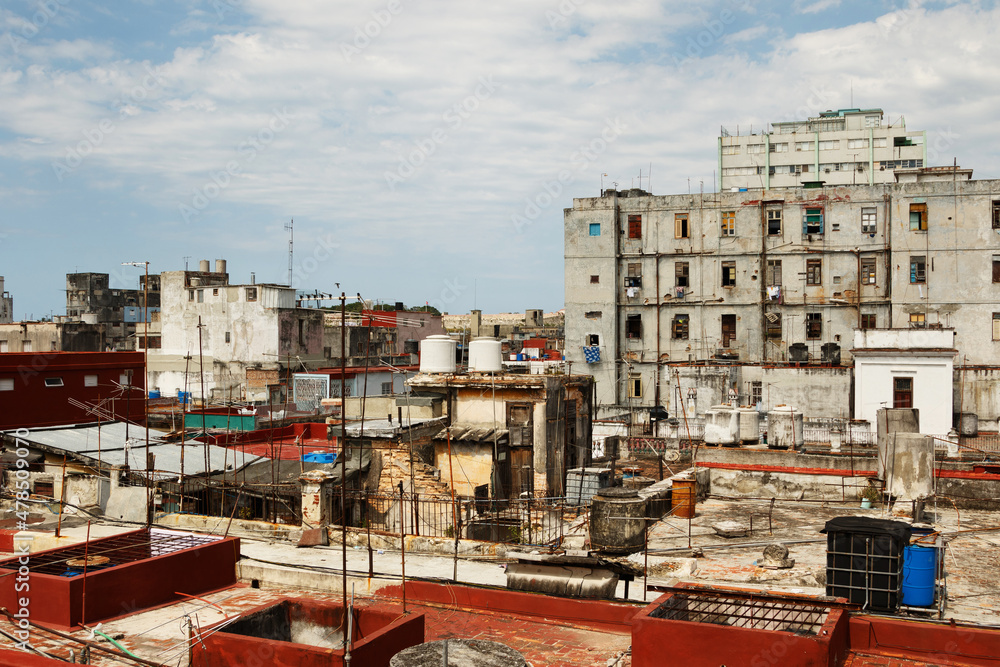 Old shabby residential buildings in Havana slums