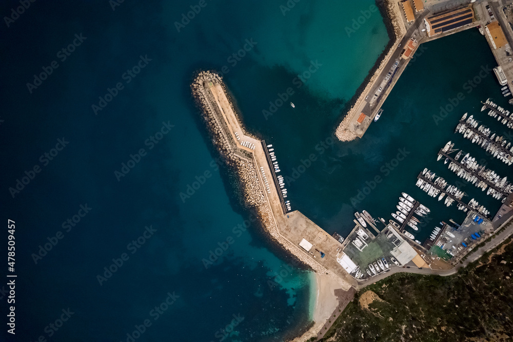 Aerial shot moored vessels in marina of Calpe. Spain