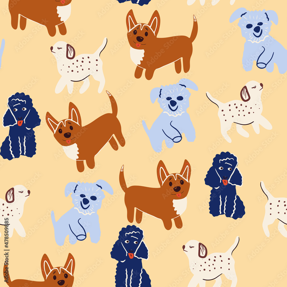 Fototapeta premium Childish vector seamless pattern with doodle dogs for wrapping paper, wallpaper, print for fabric