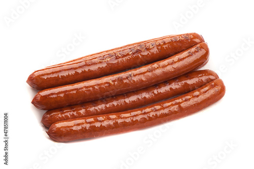 Roasted pork sausages bbq, close-up, isolated on white background.