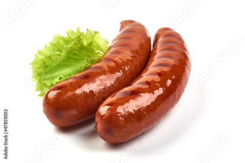 Grilled pork sausages, isolated on white background. photo