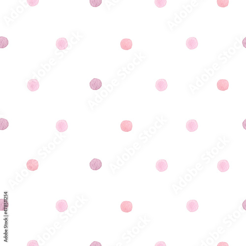 Watercolor seamless cute pattern pink polka dots. Isolated on white background. Hand drawn clipart. Perfect for card, fabric, tags, invitation, printing, wrapping.