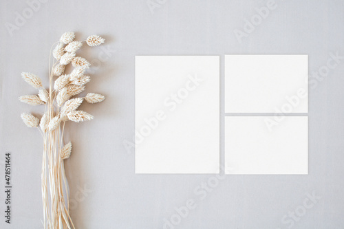 Принти на полотні Wedding suite mockup with dry grass on the beige background
