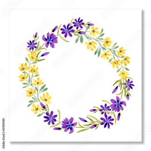 Flower wreath. Watercolor wreath with flowers chicory and wild yellow flowers. Beautiful invitation, greeting card isolated on white. Mothers and valentines day card. Blank template.