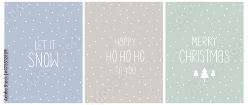 Winter Holidays Vector Card. White Handwritten Wishes and Christmas Tree Isolated on a Baby Blue, Light Gray and Mint Blue Background. Merry Christmas. Happy ho ho ho to You. Let it Snow.