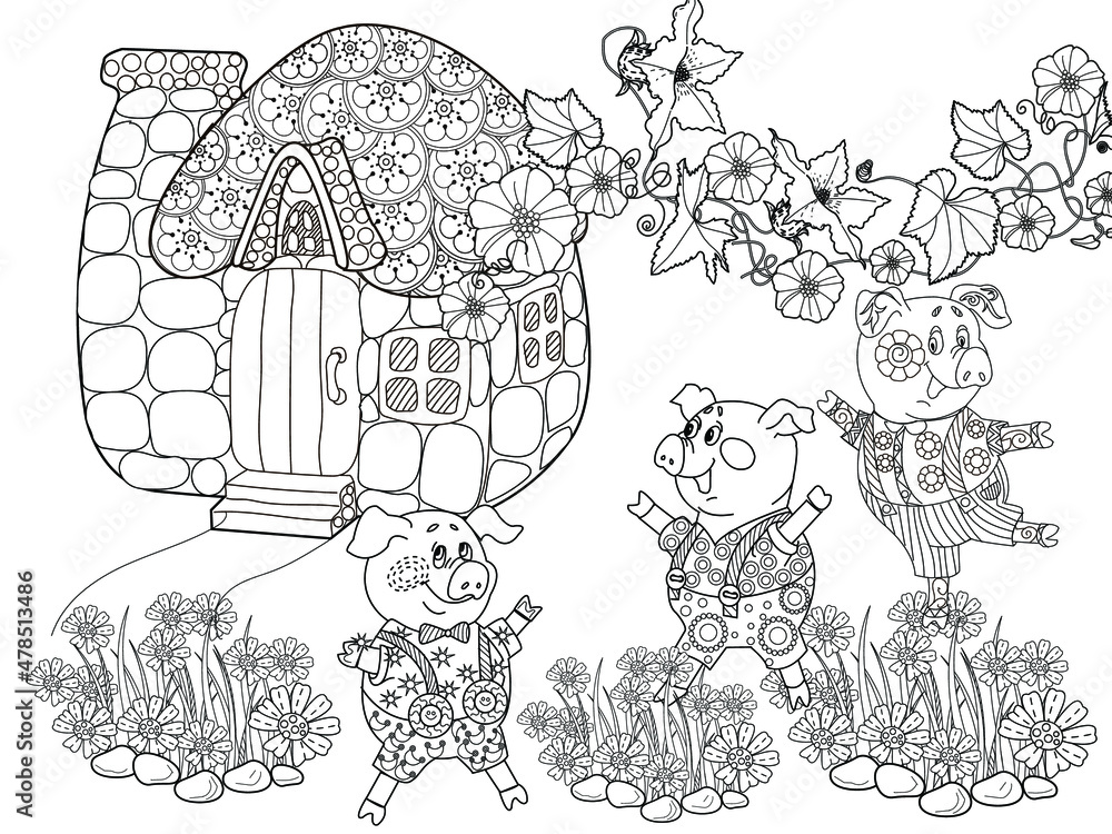 Coloring pages. Three pigs. Fairy tale. Merry three little pigs and