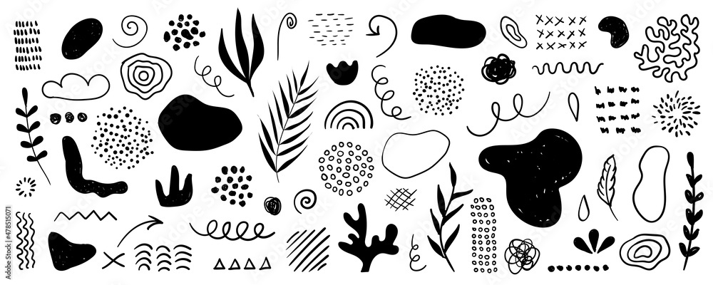 Organic shapes, spots, plants, lines, dots. Vector set of minimal trendy abstract hand drawn elements for graphic design - obrazy, fototapety, plakaty 