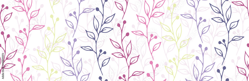 Berry bush twigs botanical vector seamless pattern. Romantic herbal fabric print. Wild plants leaves and blossom wallpaper. Berry bush branches girly fashion seamless background - obrazy, fototapety, plakaty 
