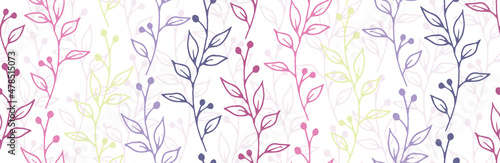 Berry bush twigs botanical vector seamless pattern. Romantic herbal fabric print. Wild plants leaves and blossom wallpaper. Berry bush branches girly fashion seamless background