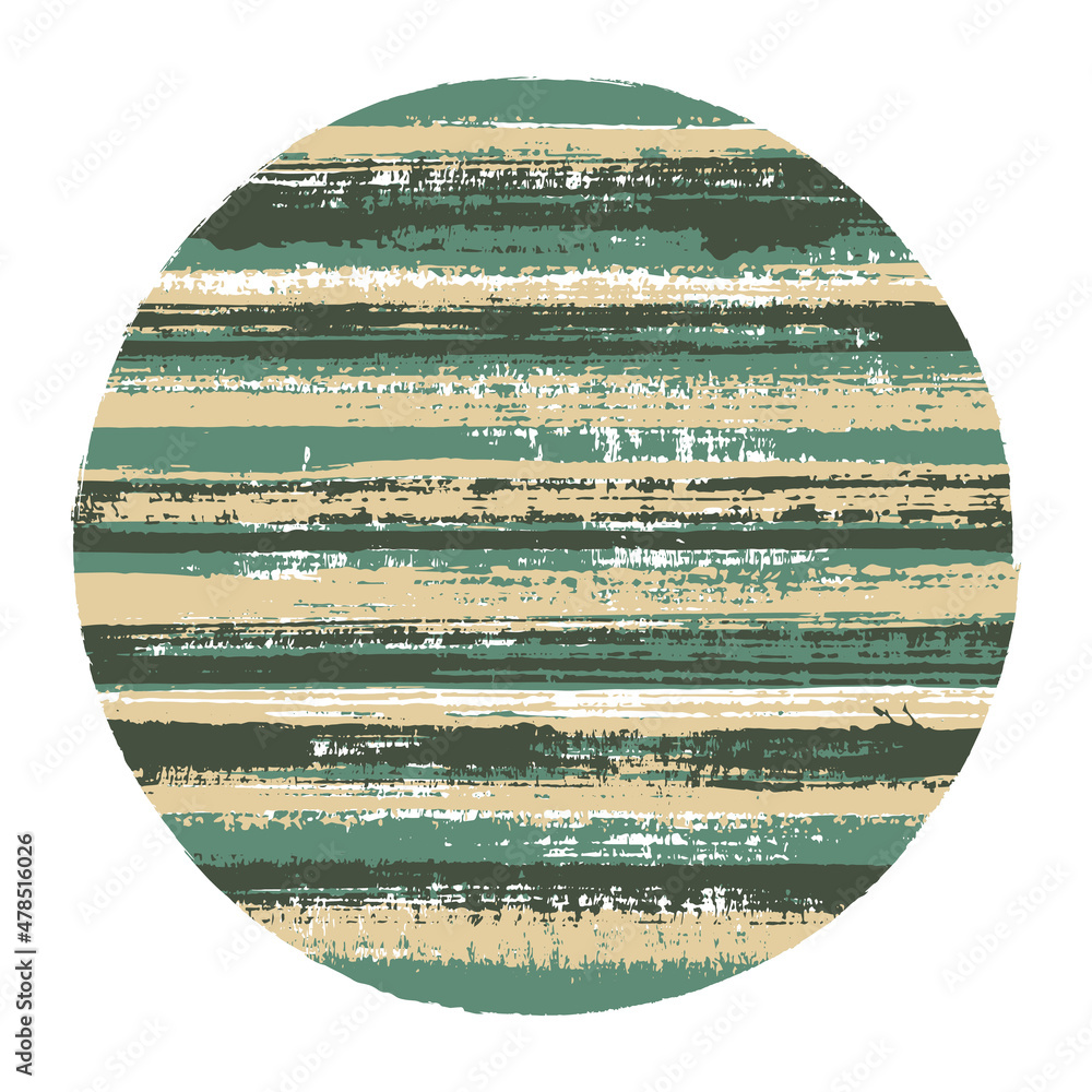 Hipster circle vector geometric shape with striped texture of paint horizontal lines. Old paint texture disk. Emblem round shape circle logo element with grunge background of stripes.