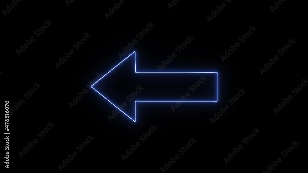 Glowing blue neon symbol of arrow left animation on black background. Glowing blue neon symbol of arrow left animation on black background.