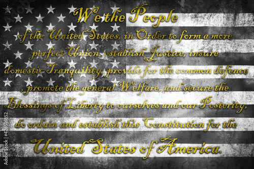 USA Constitution preamble We the People on grunge black and white US flag photo