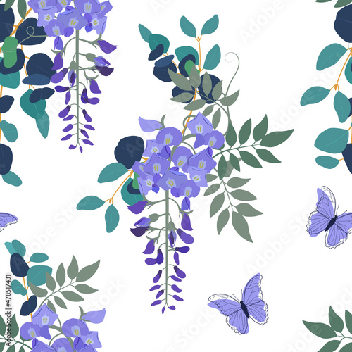 Blooming wisteria and butterflies on a white background. Seamless vector illustration.