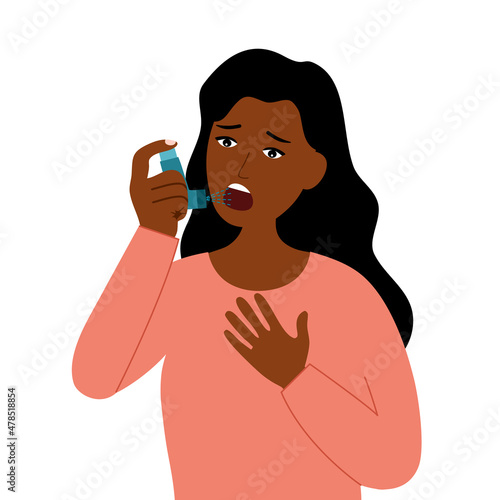 African woman using asthma inhaler against allergic attack in flat design on white background.