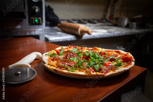 Chef, pizza chef prepares pizza for customers. preparation