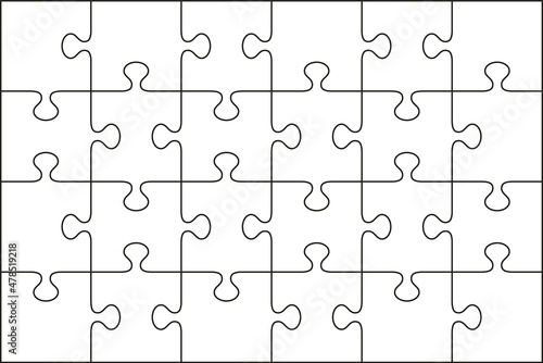 Puzzle pieces. Jigsaw outline grid. Simple background with separate shapes. Thinking mosaic game. Laser cut template with 4x6 details. Vector illustration.