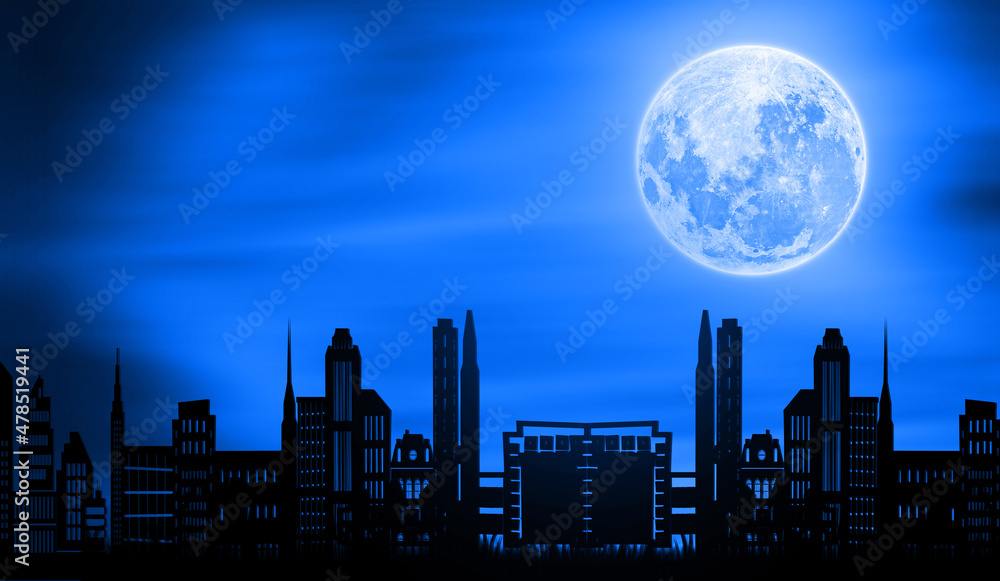 City Buildings with Moon Light At Night.  Cityscape Night Sky blue Background. Great city Concept	
