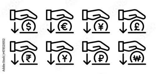 Money donation icon set isolated on white background. Dollar, euro, yen, pound, rupee, yuan, ruble, coin, won currency symbol