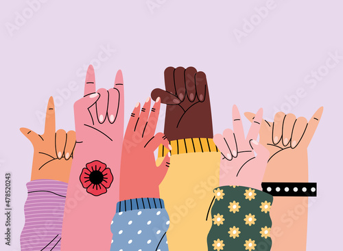 scene of six hands up